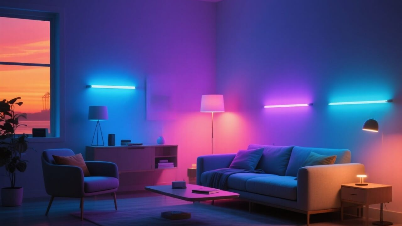 A modern living room transformed by colorful smart lighting, with vibrant blue and purple ambient lights creating a cinematic and futuristic atmosphere.