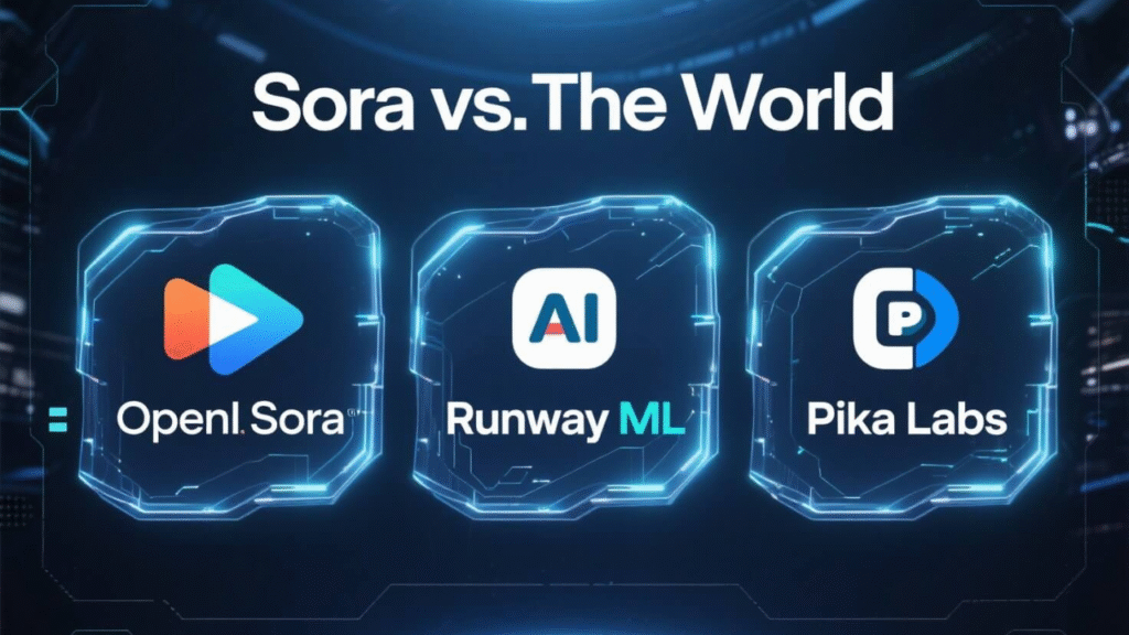     `Comparison of AI video generators featuring the logos of OpenAI Sora, Runway ML, and Pika Labs.`
