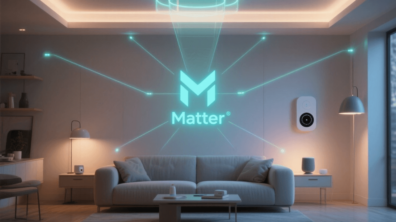 Guide explaining what is Matter, featuring a modern and organized smart home with connected devices.