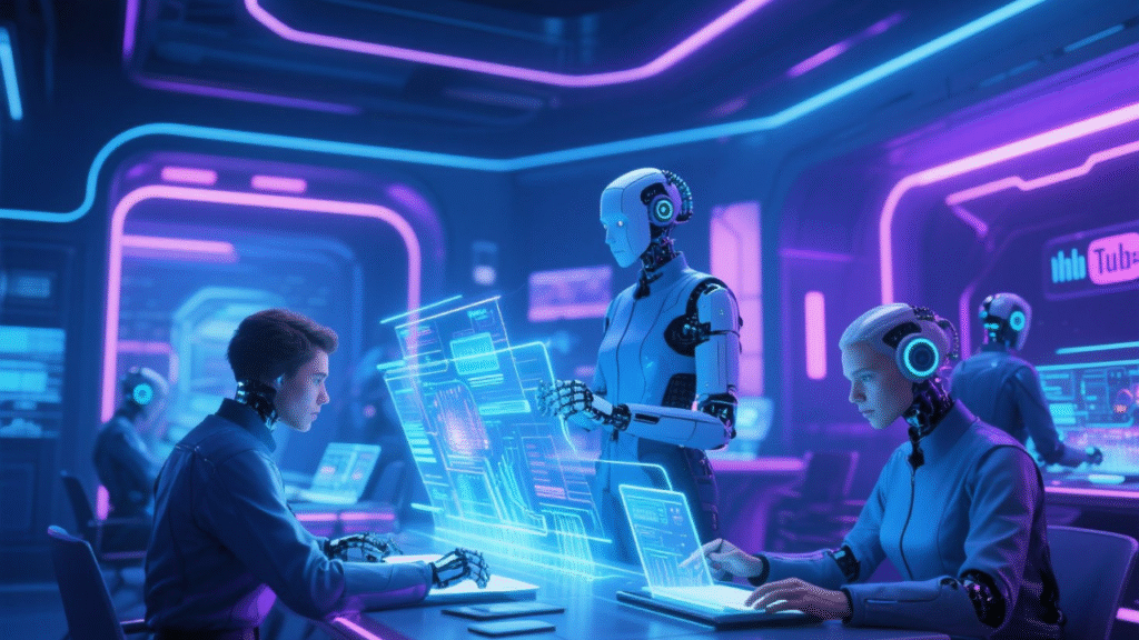 An autonomous AI agent assists a human worker with complex data analysis on a holographic interface, symbolizing business automation.