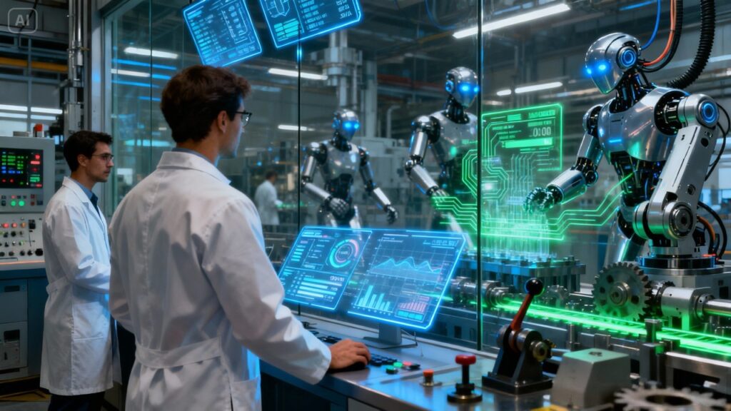 BMW electric vehicle plant digital twin showing assembly line simulation with engineers and robots