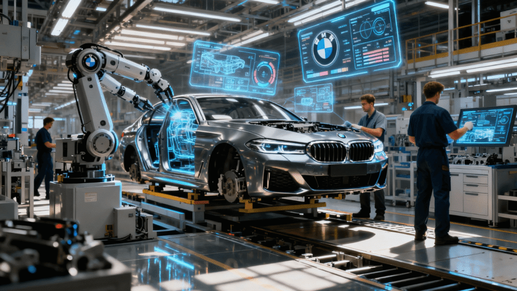 A BMW factory simulation representing the Industrial Metaverse, with robots and people collaborating in a digital twin.