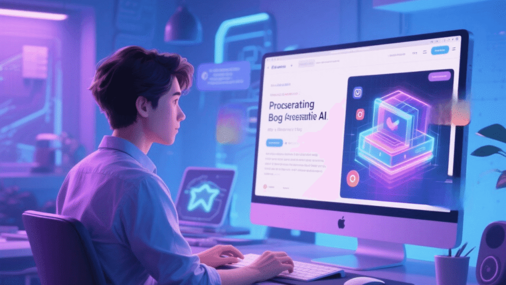 A person using generative AI tools to create blog posts, social media graphics, and marketing copy, illustrating content optimization.