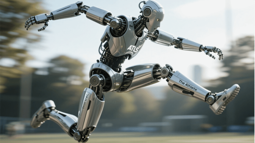 The Boston Dynamics Atlas humanoid robot performing acrobatic maneuvers, a showcase of advanced Embodied AI.