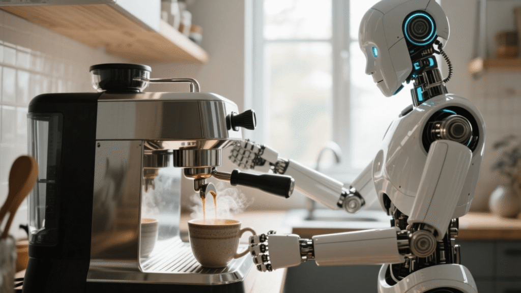 The Figure 01 humanoid robot, an example of Embodied AI, making coffee.