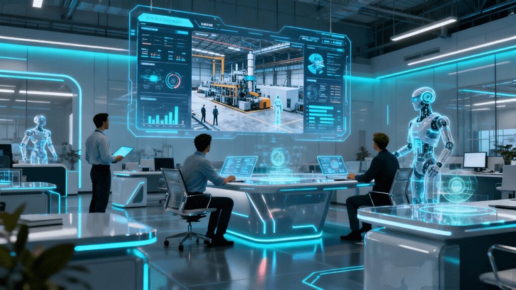 Engineers monitoring industrial digital twins with AI agents in a futuristic workspace