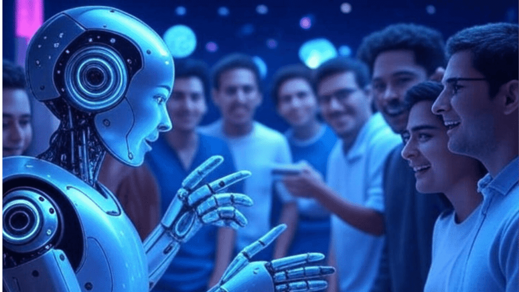 Futuristic illustration showing AI interacting with humans in various scenarios, representing personalization and autonomous creativity.
