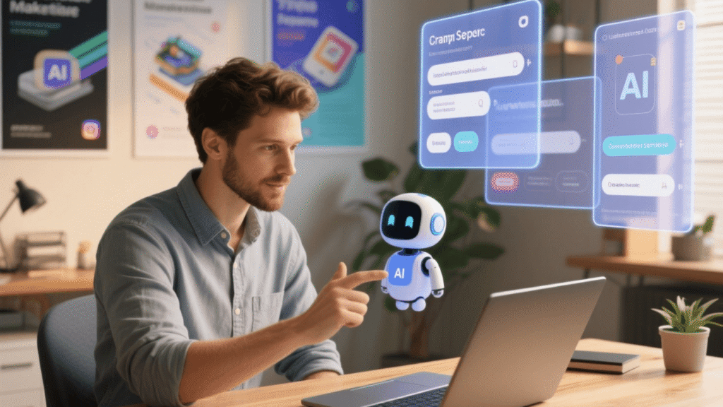 A small business owner interacting with a generative AI chatbot for customer service and reviewing AI-generated marketing materials.