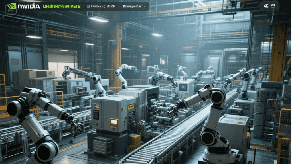 Screenshot of a BMW factory digital twin with OpenUSD in Nvidia Omniverse, showing complex industrial simulation.