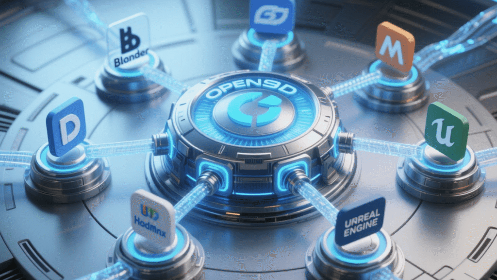 Conceptual image showing how OpenUSD connects different 3D worlds as a universal standard for the 3D internet.
