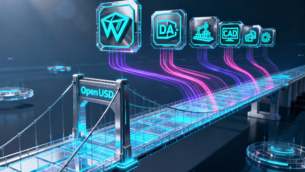 OpenUSD technology connecting various industrial software platforms in a 3D digital environment