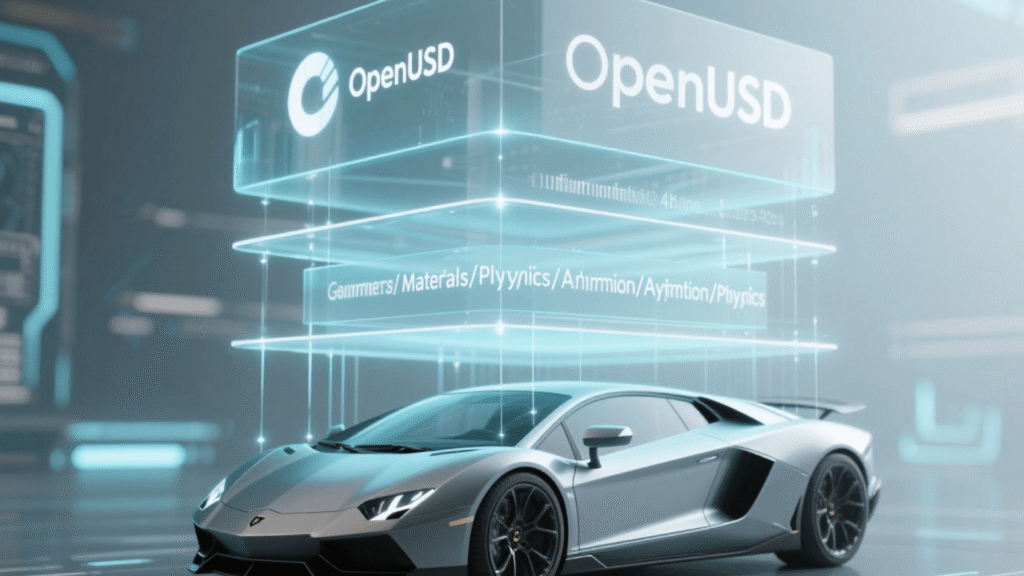 Diagram explaining how OpenUSD uses non-destructive layers, with base models, animation, and lighting applied separately by different artists.