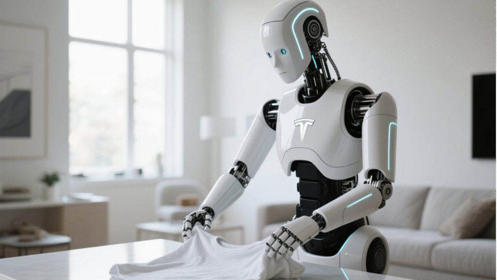 The Tesla Optimus humanoid robot folding a t-shirt, demonstrating progress in Embodied AI for general tasks.