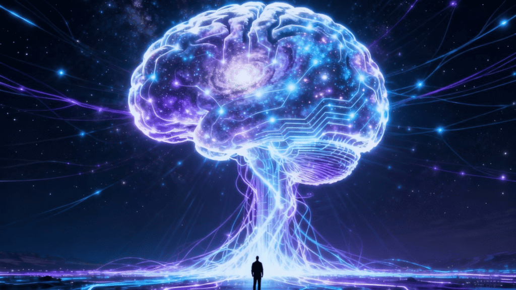 A conceptual image of a small human silhouette standing before a huge, galaxy-like AI brain, symbolizing the challenge of AI Alignment.