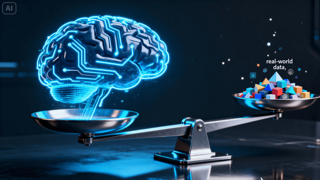 A conceptual image for a synthetic data guide, showing a scale tipped heavily by a large AI brain, with only a small amount of real-world data on the other side.