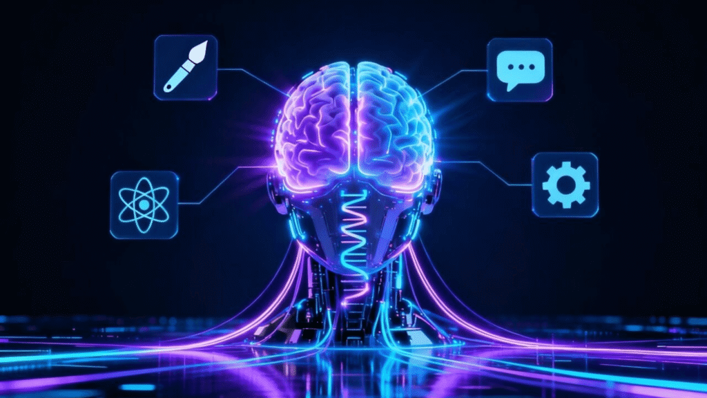 Conceptual image comparing AGI vs. ASI, showing a robotic brain for Artificial General Intelligence connected to various skills.