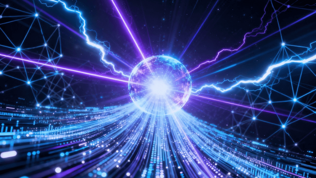 Abstract image of an intelligence explosion, showing a rapidly expanding network of light, symbolizing the birth of Artificial Superintelligence (ASI).