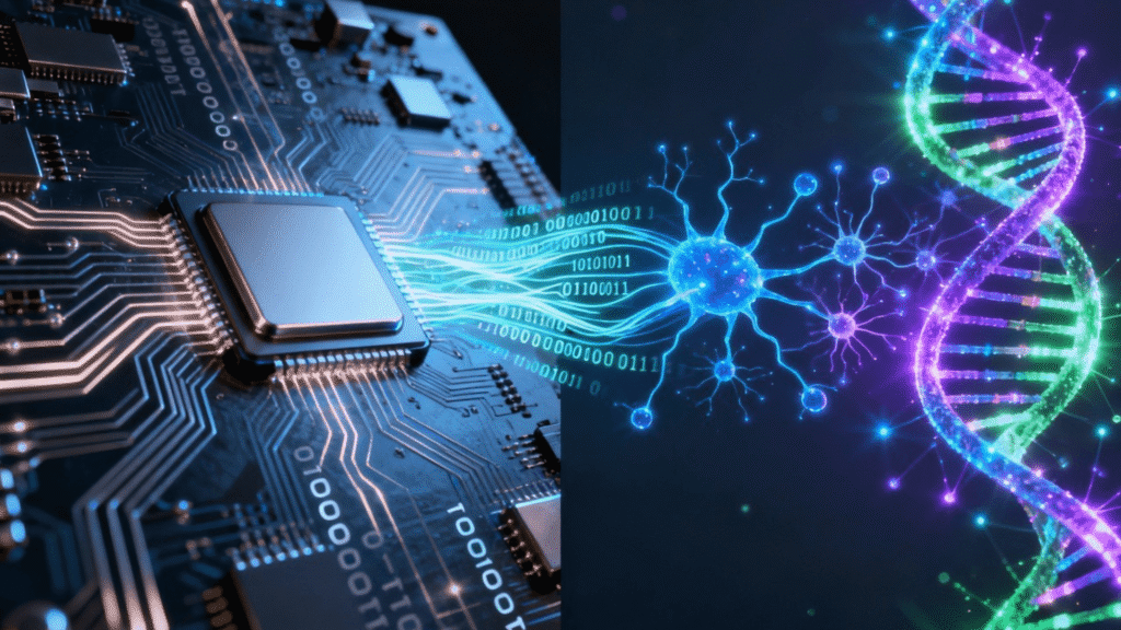 Conceptual image showing the transition from a silicon chip on one side to a glowing DNA helix on the other, representing the shift to biocomputing.
