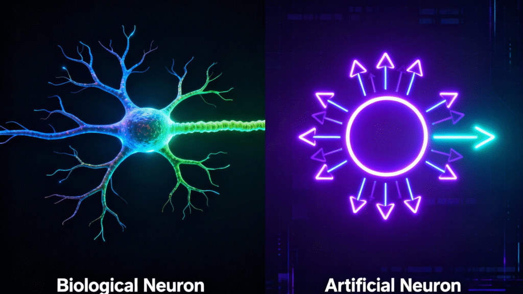 A simple infographic comparing a biological neuron on the left with a diagram of an artificial neuron (perceptron) on the right.