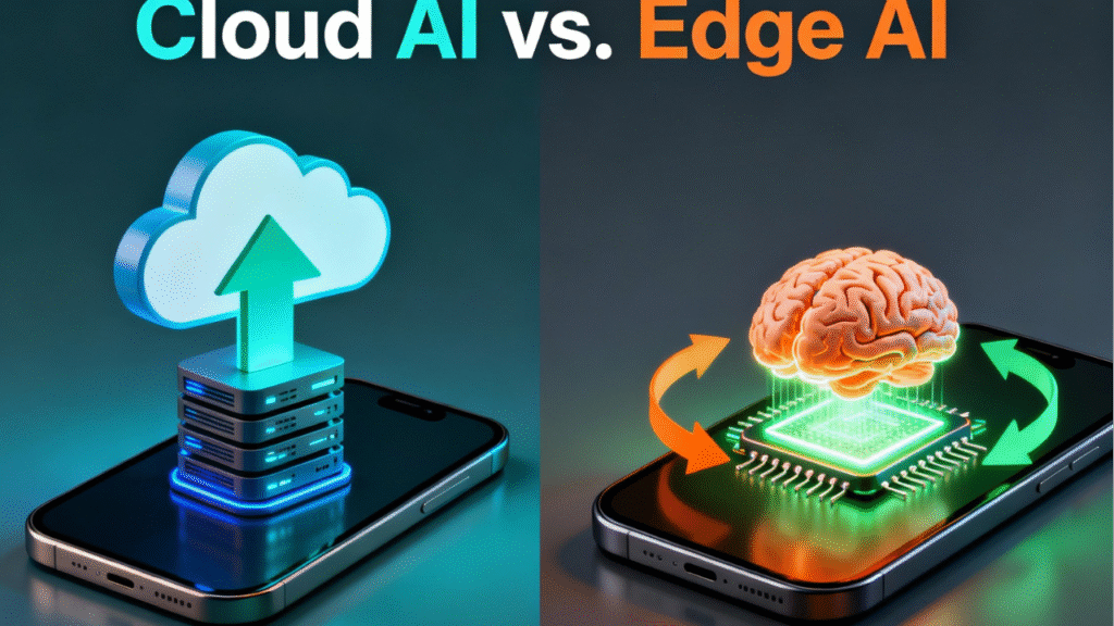 Diagram comparing Cloud AI, where a phone sends data to a server, versus Edge AI, where a phone has a brain icon inside it, processing data locally.