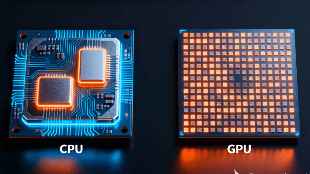 An infographic visually comparing a CPU, represented by a single large, powerful core, versus a GPU, represented by thousands of smaller, simpler cores.