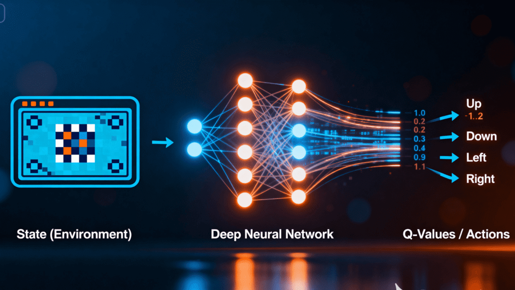 A diagram showing the concept of Deep Reinforcement Learning, where a neural network takes the game state as input and outputs Q-values for each action.