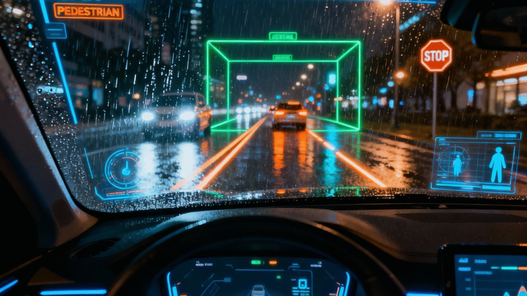 View from inside an autonomous vehicle showing the Edge AI interface identifying pedestrians and road hazards in real-time.
