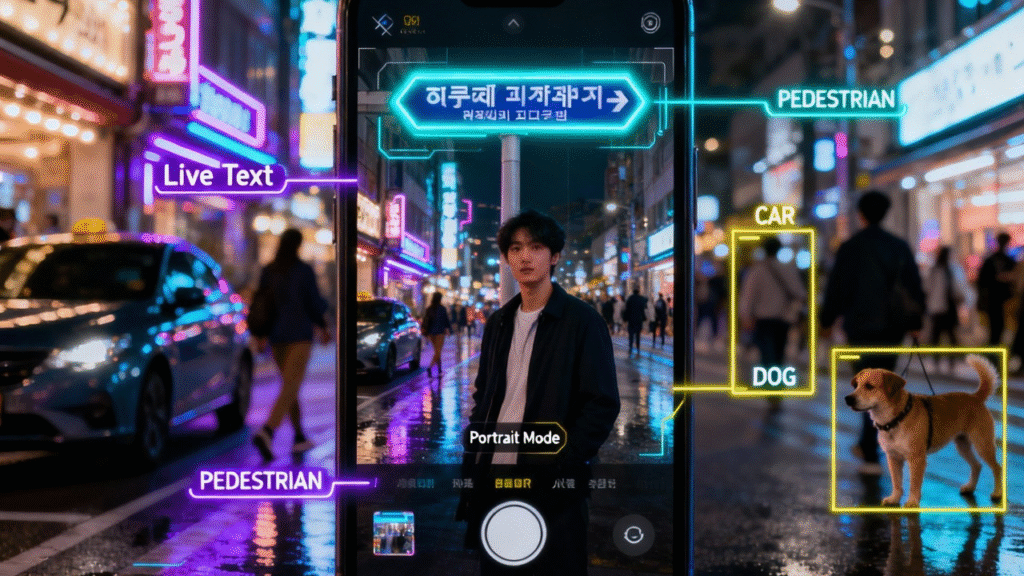 A smartphone camera interface showing real-time object recognition, an example of on-device Edge AI.