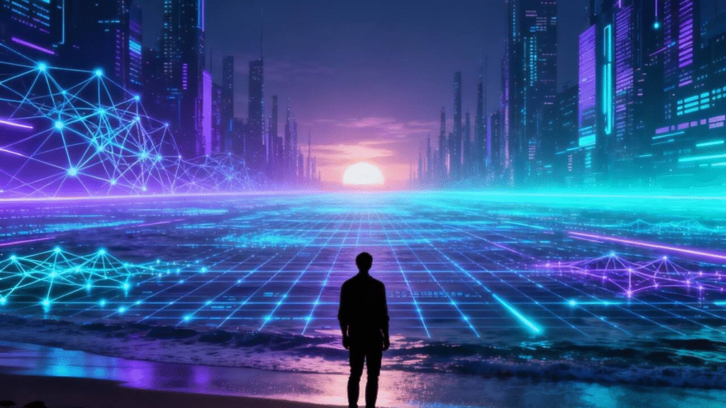 A final, thought-provoking image of a human silhouette looking out at a vast, digital horizon, representing the future of AI.