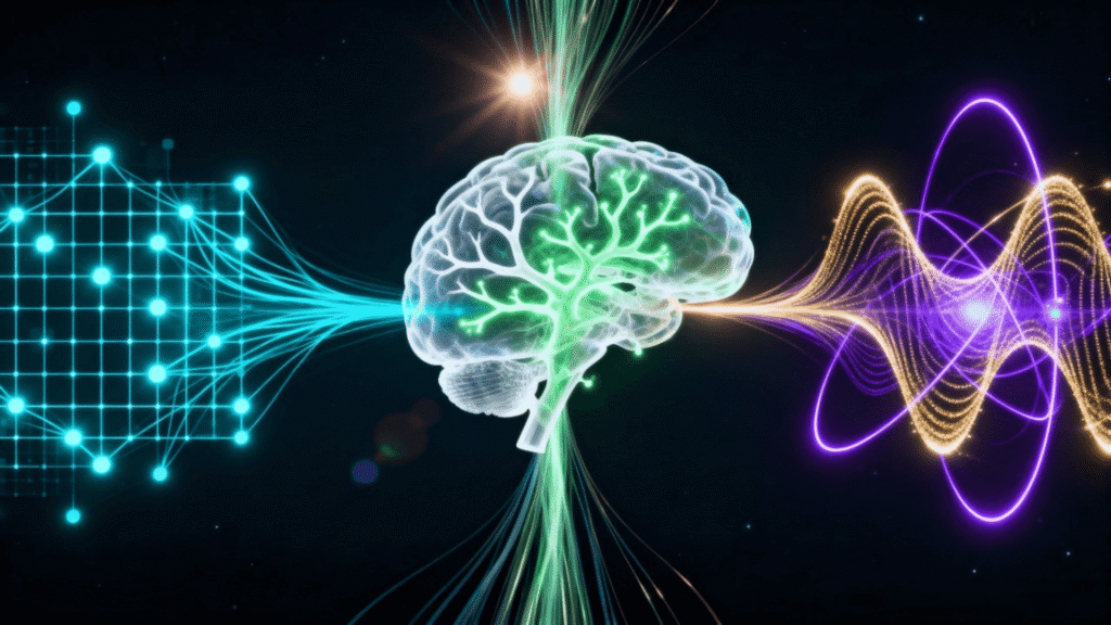 A futuristic, conceptual image showing a digital neural network merging with a biological brain and quantum waves, representing the future of AI.
