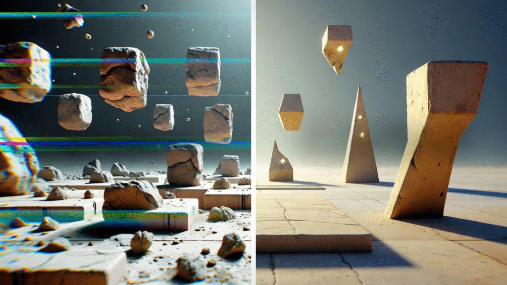 A conceptual image showing a chaotic, jumbled 3D world on one side and a clean, perfectly ordered 3D world on the other, representing the challenge of control.