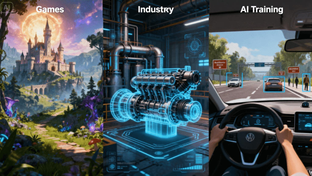 A collage of applications for Generative AI for 3D Worlds: a fantasy video game landscape, a digital twin of a factory, and a self-driving car simulation.