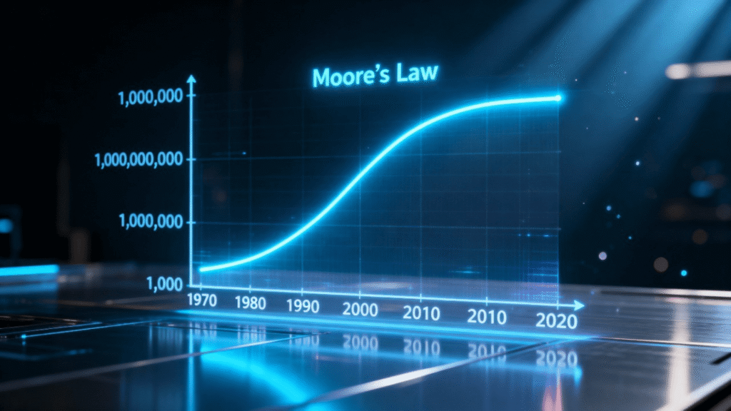 A graph showing the exponential curve of Moore's Law over the decades, now beginning to flatten out, symbolizing its end.