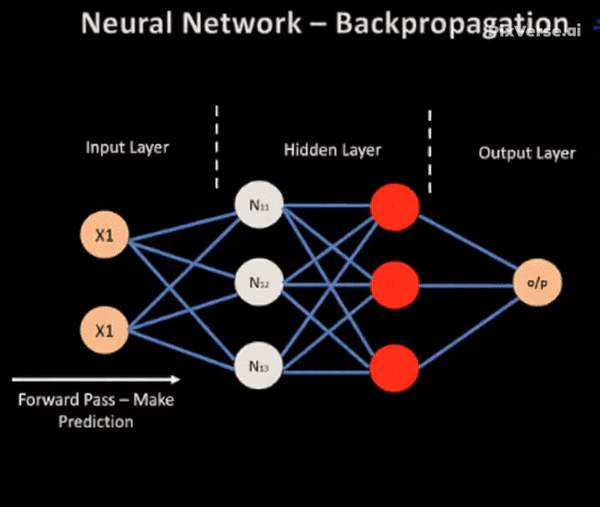 Animation showing the backpropagation cycle in a neural network, where the error signal flows backward to adjust weights.