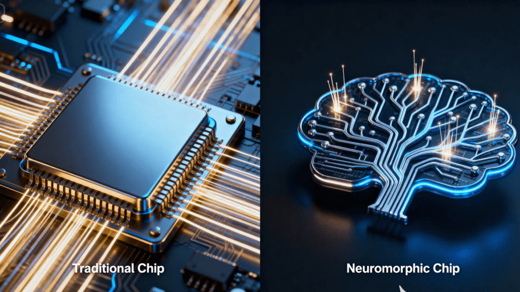 A conceptual image contrasting a traditional chip with linear data flows against a neuromorphic chip with sporadic, brain-like 'spikes' of light.