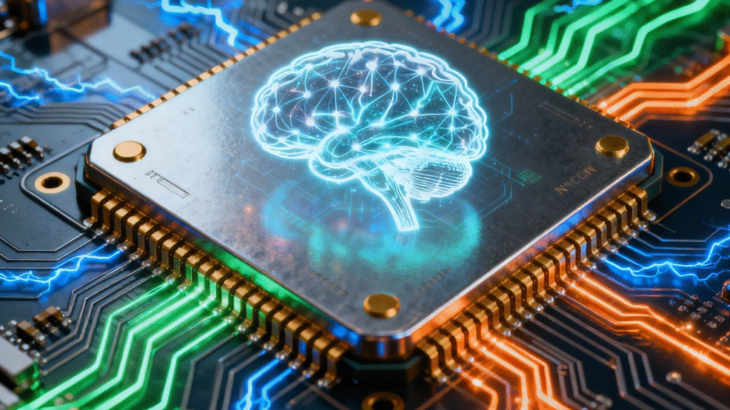 A conceptual image of a computer chip with a glowing brain in the center, representing a Neural Processing Unit (NPU) for Edge AI.