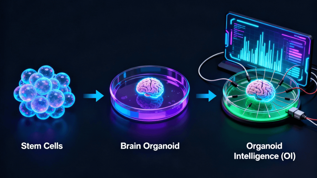 Diagram of Organoid Intelligence, showing stem cells evolving into a brain organoid in a petri dish, which is connected by electrodes to a computer.