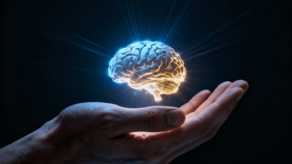 Abstract and thought-provoking image representing the ethics of organoid intelligence, showing a human hand carefully holding a glowing, digital brain.