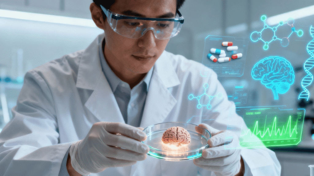 Image of a scientist in a lab looking at a petri dish containing a brain organoid, with data and molecular structures in the background.