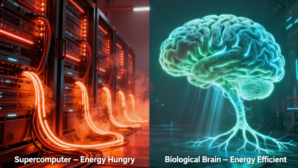 A visual comparison showing a power-hungry supercomputer on one side and an energy-efficient, glowing biological brain on the other.