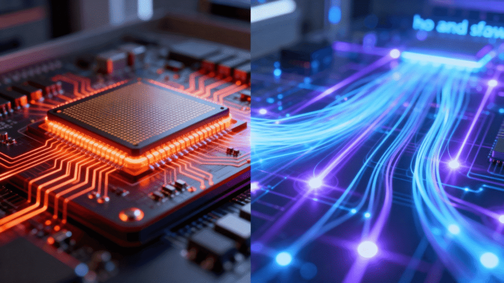A futuristic image showing a silicon wafer on one side and an abstract representation of light-based photonic computing on the other.