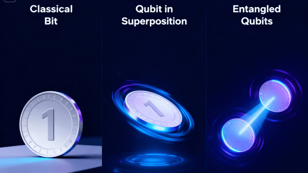 Quantum computer diagram showing a classical bit vs a qubit in superposition and two entangled qubits.