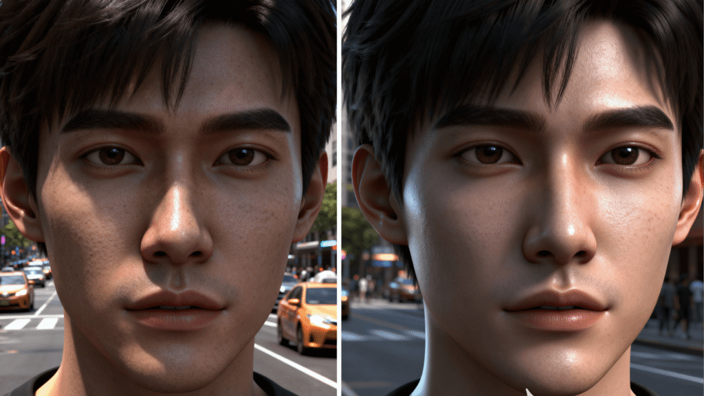 A side-by-side comparison. On the left, a real photo of a busy street. On the right, a photorealistic 3D render of the same street, an example of synthetic data.