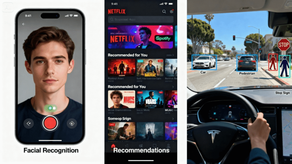 A collage of real-world applications of neural networks: a phone unlocking with a face, a Netflix recommendation screen, and a self-driving car's UI.