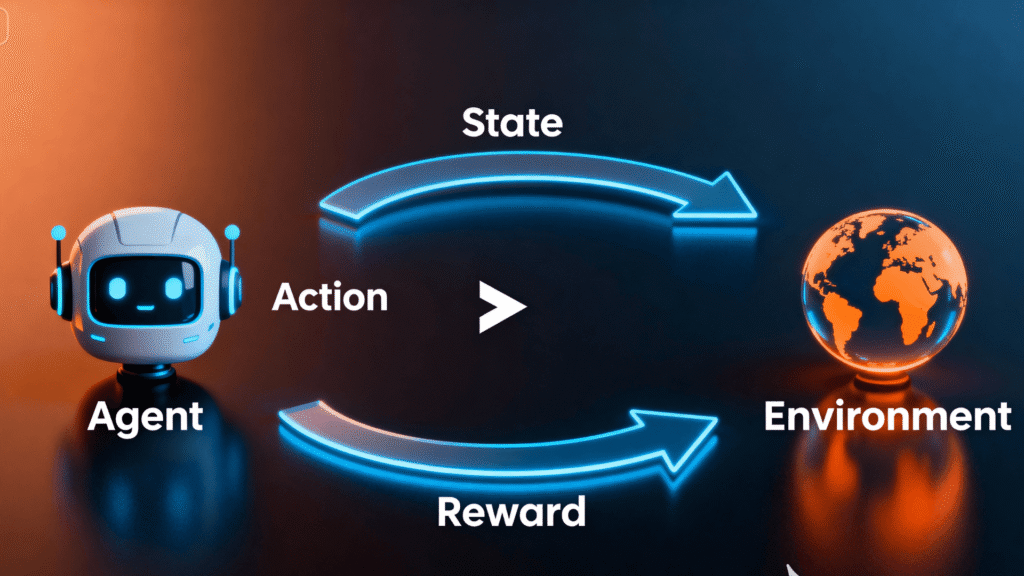 A simple diagram showing the reinforcement learning loop: an Agent takes an Action in an Environment, which returns a new State and a Reward.