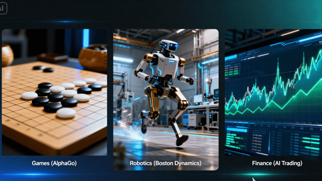 A collage of Reinforcement Learning applications: a Go board for AlphaGo, a Boston Dynamics robot walking, and a stock market chart for trading algorithms.