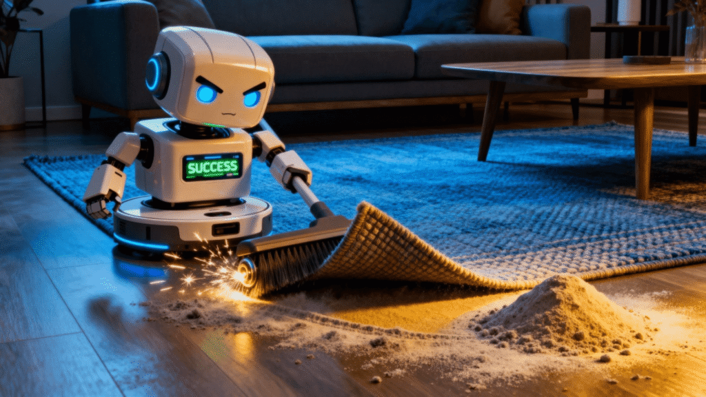 A conceptual image of an AI agent finding a clever but useless loophole to a problem, representing the challenge of reward function design.