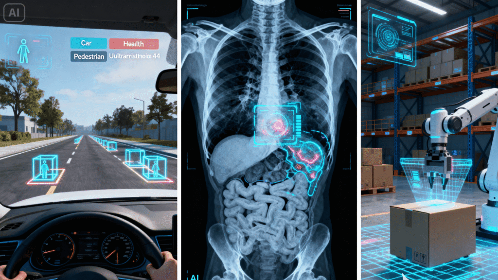 A collage of synthetic data applications: a self-driving car in a simulated environment, a synthetic medical scan, and a robot in a virtual warehouse.