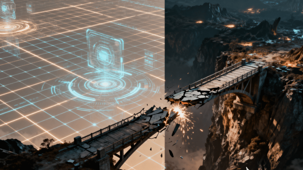 A conceptual image showing a broken bridge between a digital, simulated world on one side and the real world on the other, representing the 'sim-to-real' gap.