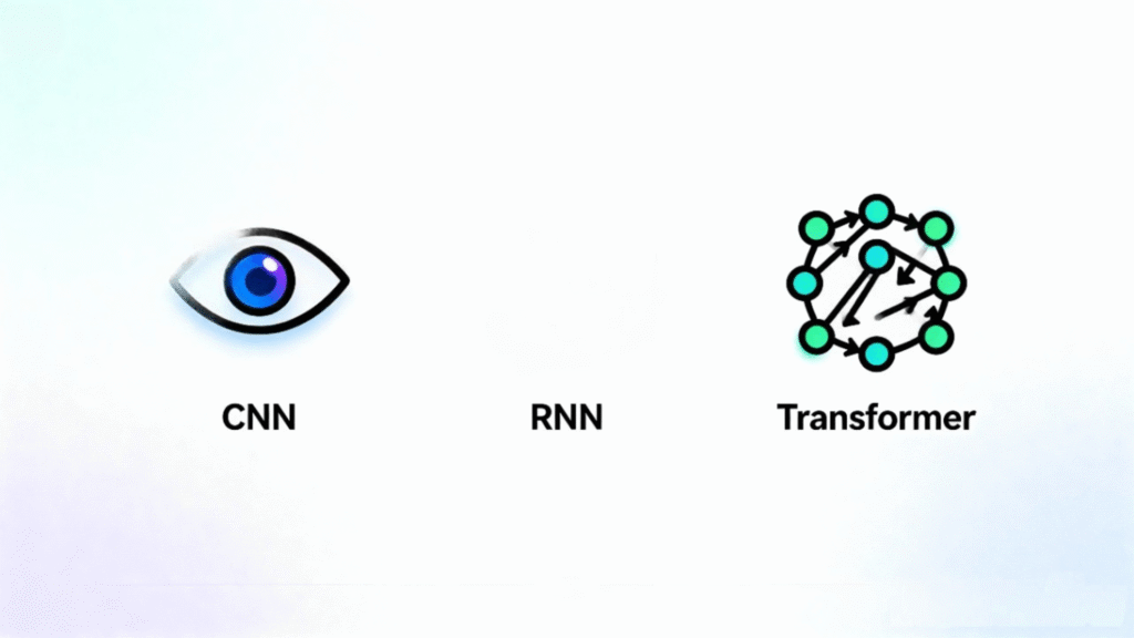 An infographic with three icons representing different types of neural networks: an eye for CNNs, a brain with a memory loop for RNNs, and a block with arrows for Transformers.
